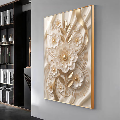 White & Gold Floral Carving Premium Acrylic Vertical Wall Art