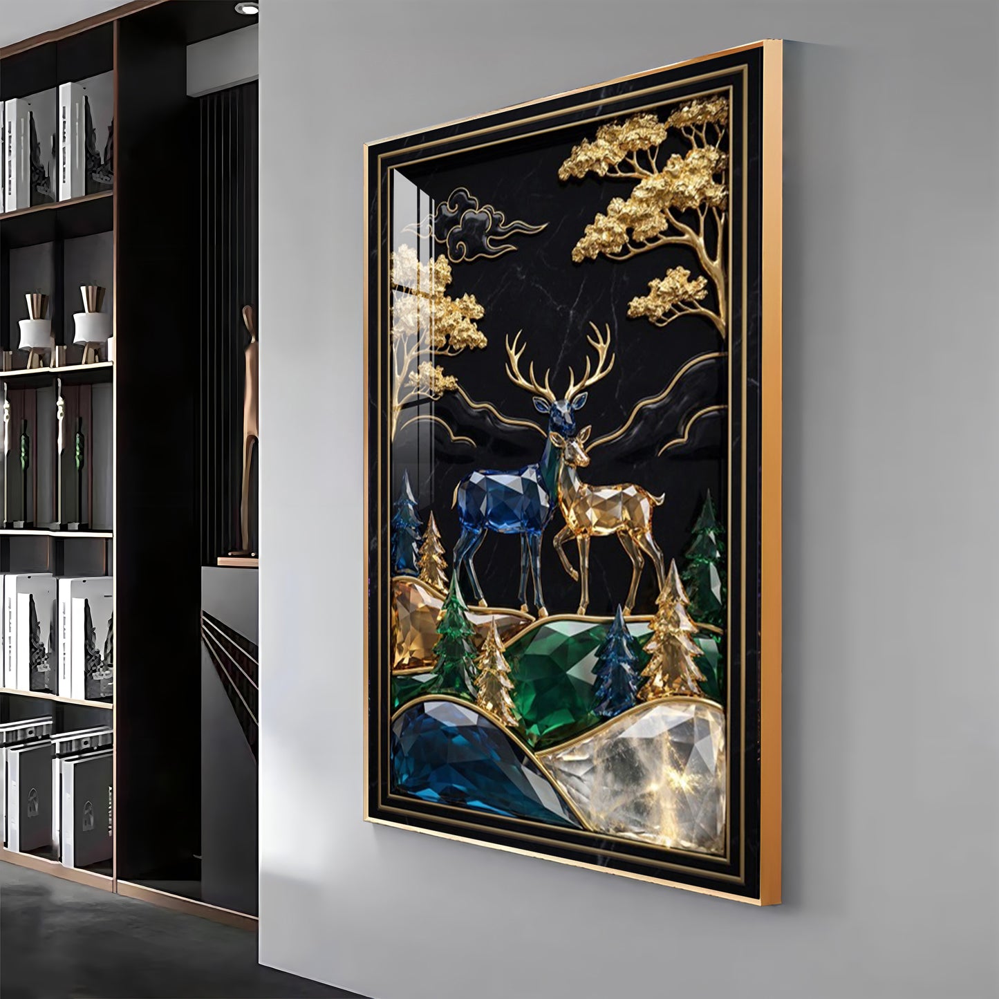Pair Of Golden & Blue Deer Premium Acrylic Vertical Wall Art