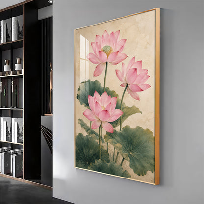 Elegant Vintage Botanical Pink Lotus Premium Acrylic Vertical Wall Art
