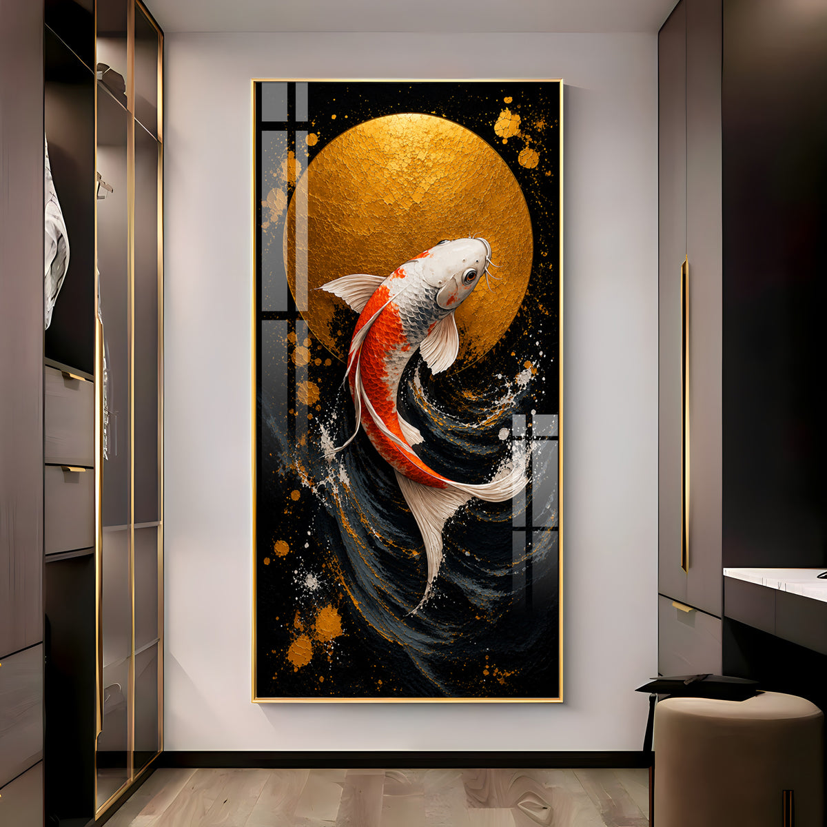 Golden Moon & Swimming Koi Fish Premium Acrylic Vertical Wall Art