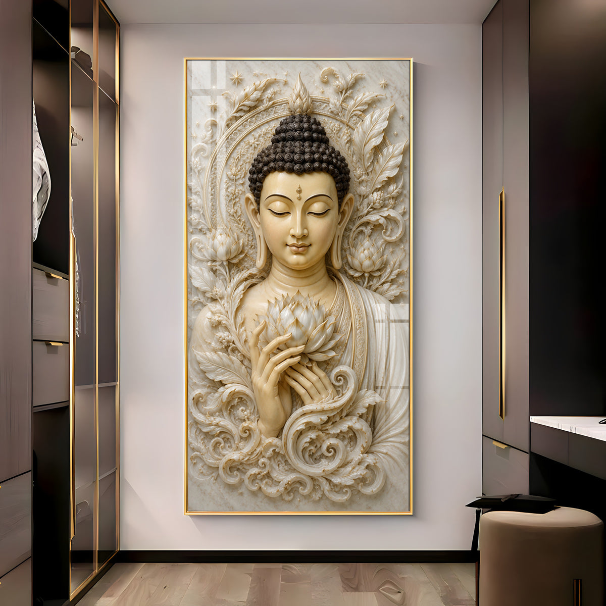 Serene Buddha White Lotus Premium Acrylic Vertical Wall Art