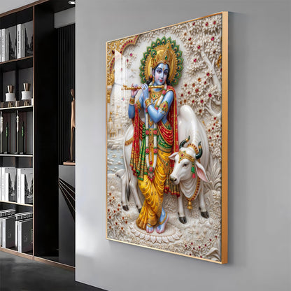 Shri Krishna With Cow Premium Acrylic Vertical Wall Art
