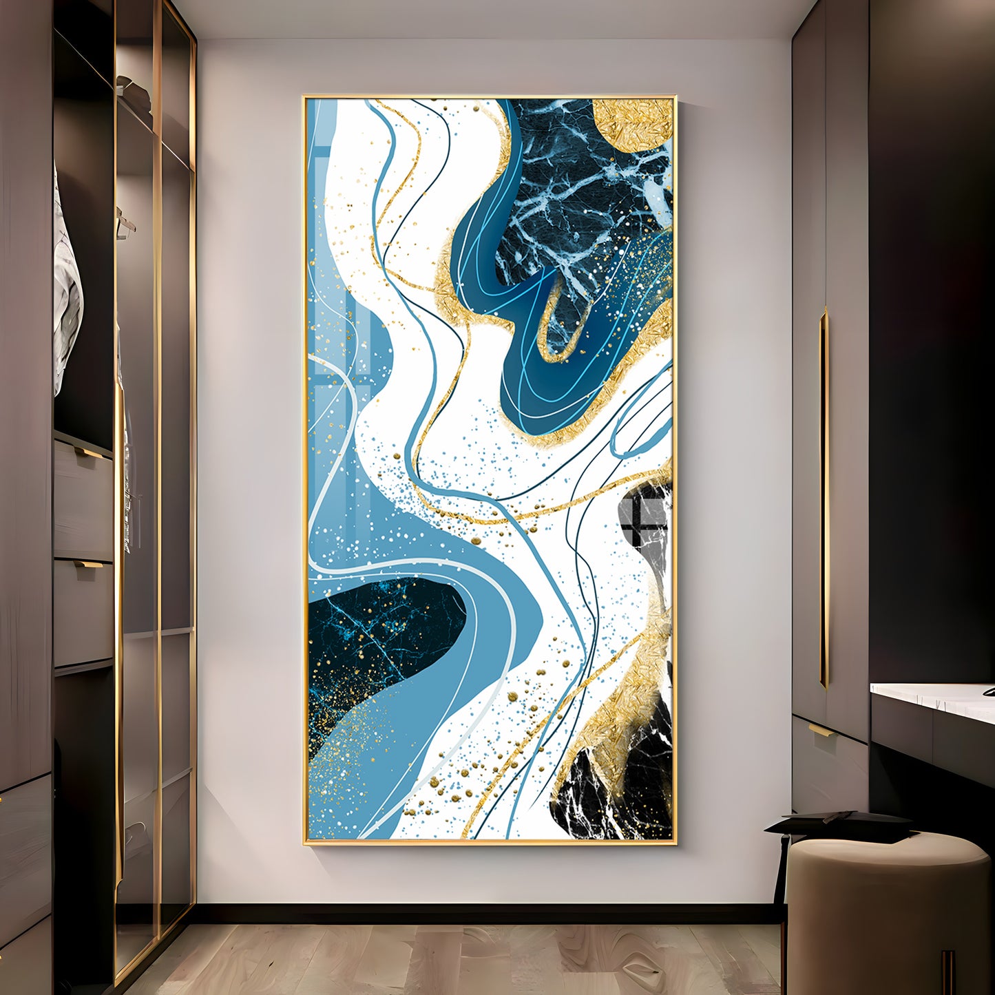Stylized Fans In Gold & Blue Tones Premium Acrylic Vertical Wall Art