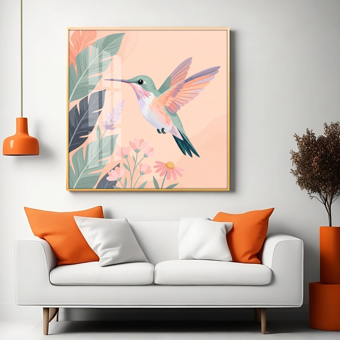 Hummingbird In Flight & Flowers Premium Acrylic Square Wall Art