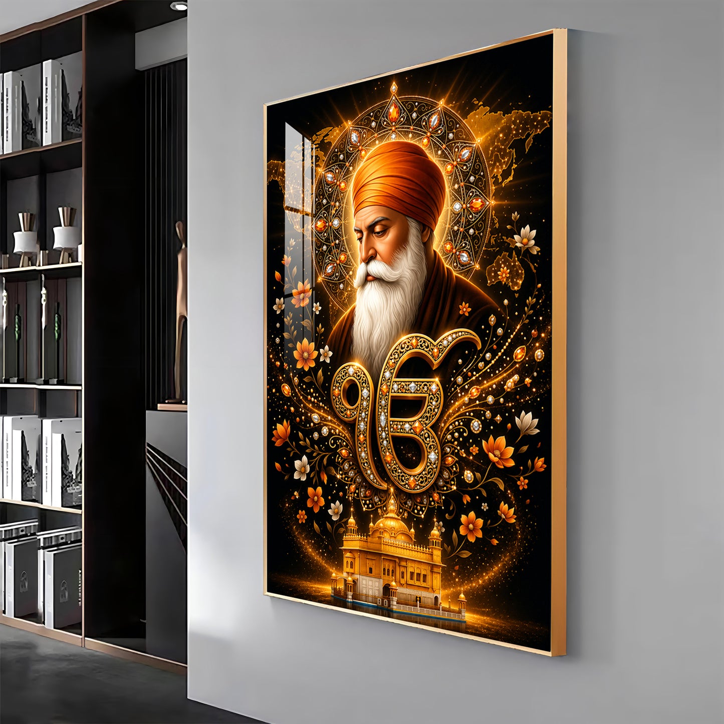 Guru Nanak Dev With Ik Onkar Symbol Premium Acrylic Vertical Wall Art