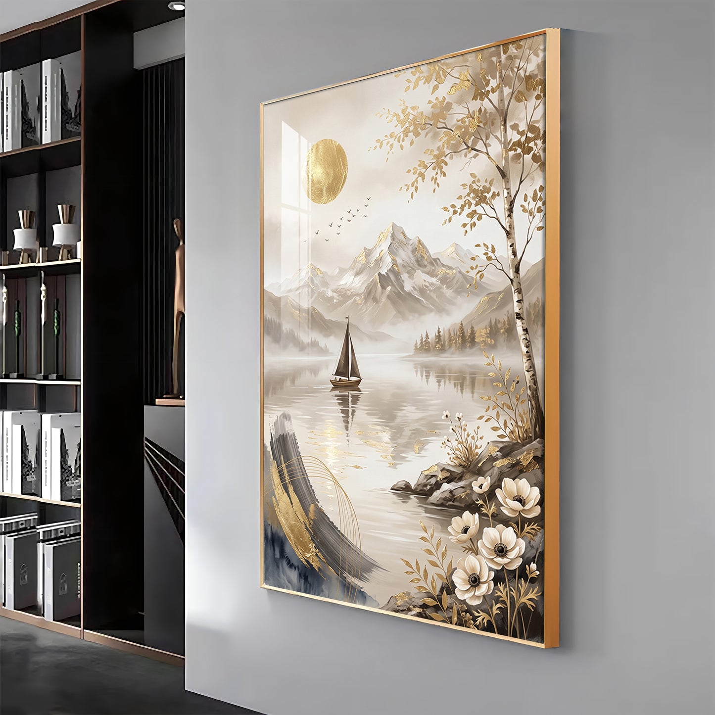 Abstract Lake Sailboat & Mountain Landscape Premium Acrylic Vertical Wall Art