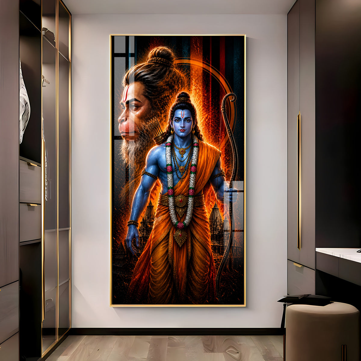 Sacred Lord Rama & Hanuman Divine Aura Premium Acrylic Vertical Wall Art