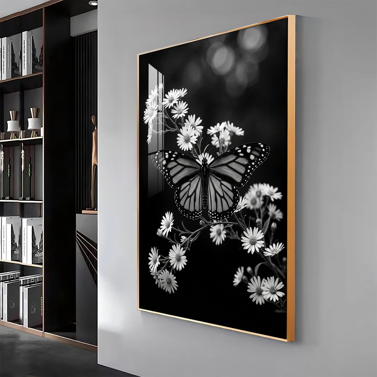 Elegant Black & White Butterfly & Floral Premium Acrylic Vertical Wall Art