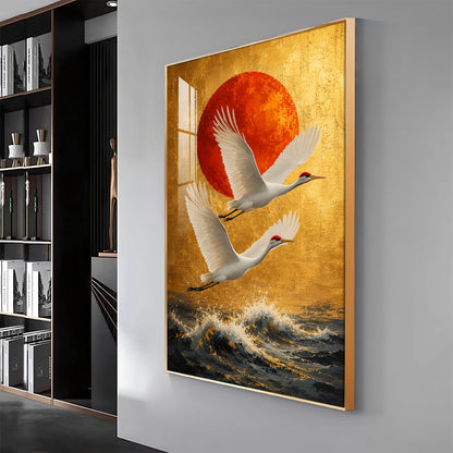 Cranes Over the Ocean & Red Sun Premium Acrylic Vertical Wall Art