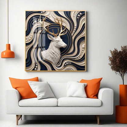 White Stag With Golden Antlers Luxury 3D Premium Acrylic Sqaure Wall Art