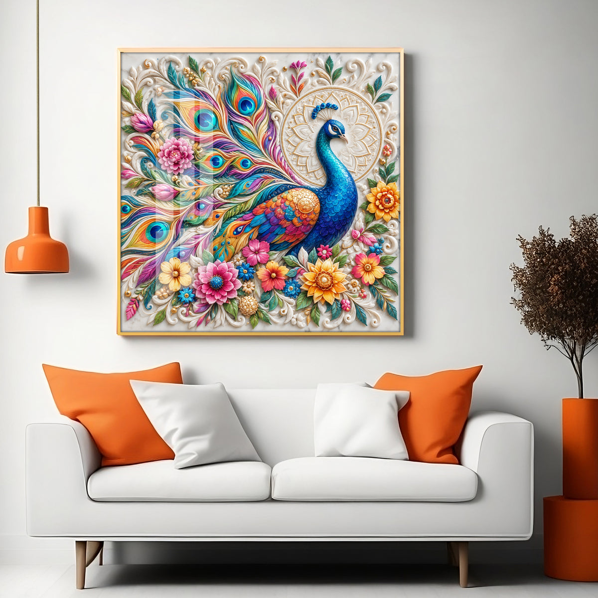 Vibrant Peacock Floral Premium Acrylic Square Wall Art