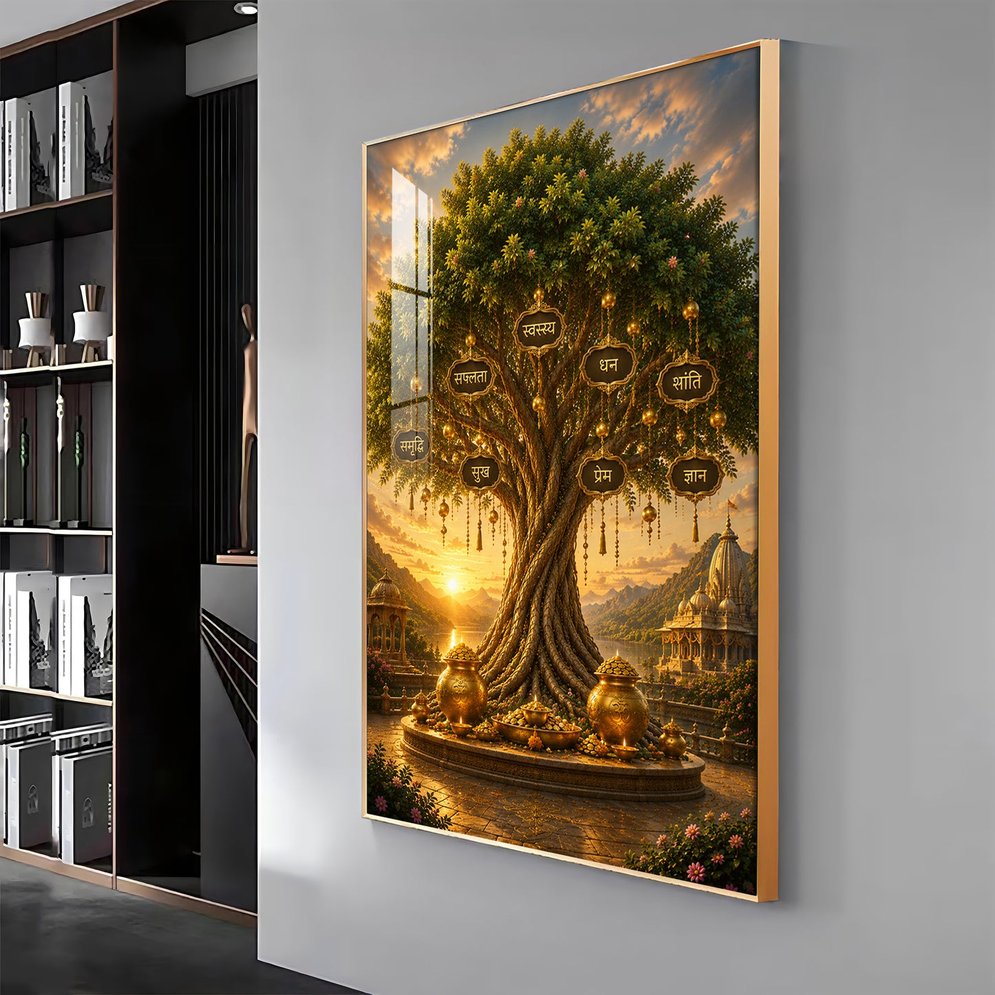 Golden Kalpavriksha Tree Premium Acrylic Vertical Wall Art