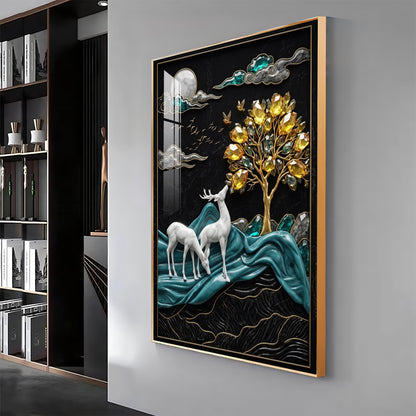 White Deers With Golden Tree Premium Acrylic Vertical Wall Art