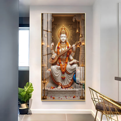 Divine Harmony Of Saraswati Maa Premium Acrylic Vertical Wall Art