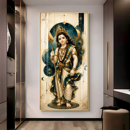 Sacred Lord Murugan & Peacock Feather Premium Acrylic Vertical Wall Art