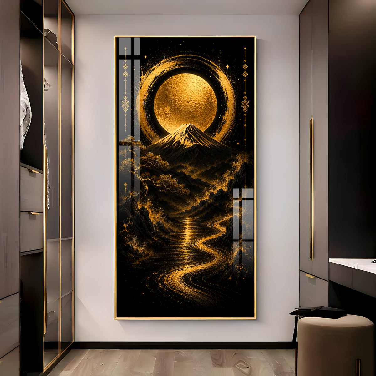 Golden Moon & Sacred Mountain Landscape Premium Acrylic Vertical Wall Art