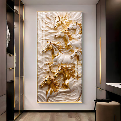 White & Gold Horses Premium Acrylic Vertical Wall Art