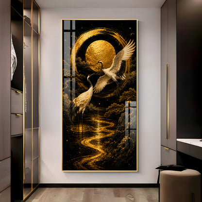 Golden Cranes & Moon Minimalist Zen Premium Acrylic Vertical Wall Art