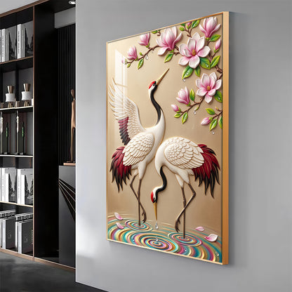Dancing Cranes & Cherry Blossom Premium Acrylic Vertical Wall Art
