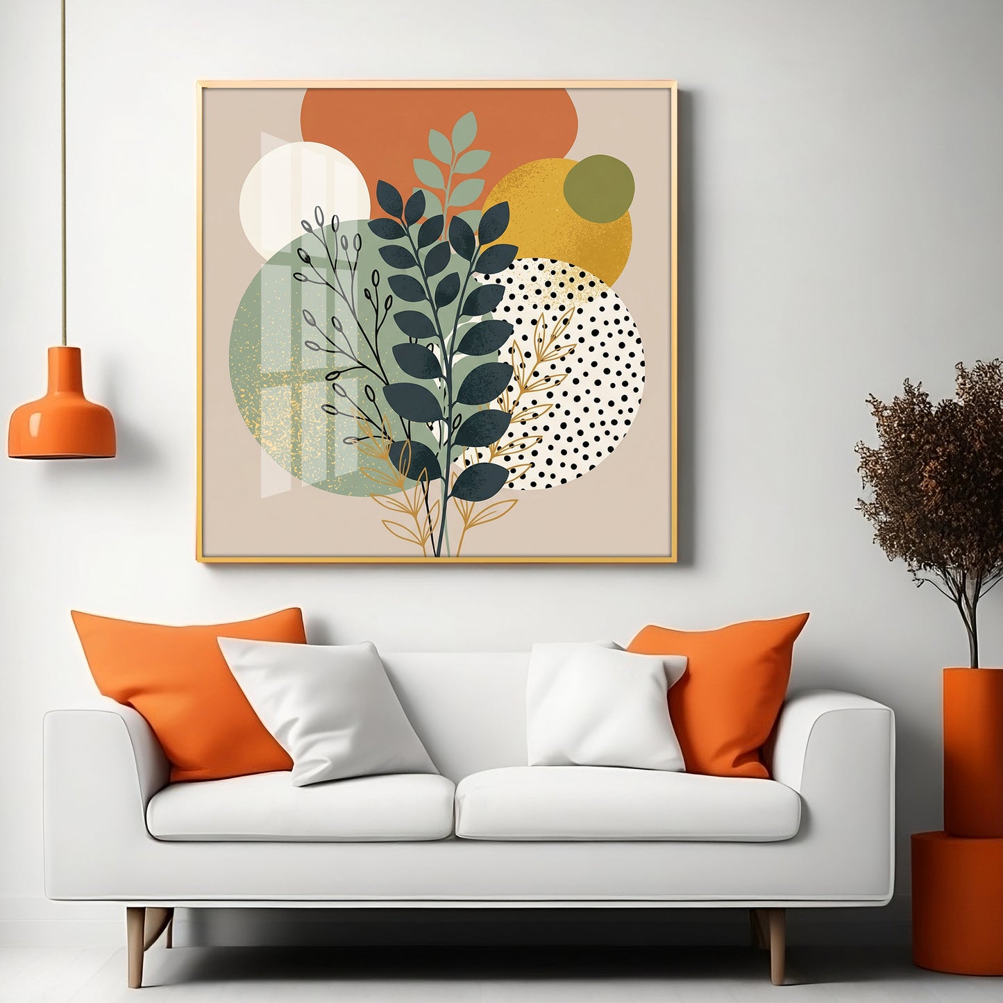 Leafy Branches Geometric Shapes Premium Acrylic Square Wall Art