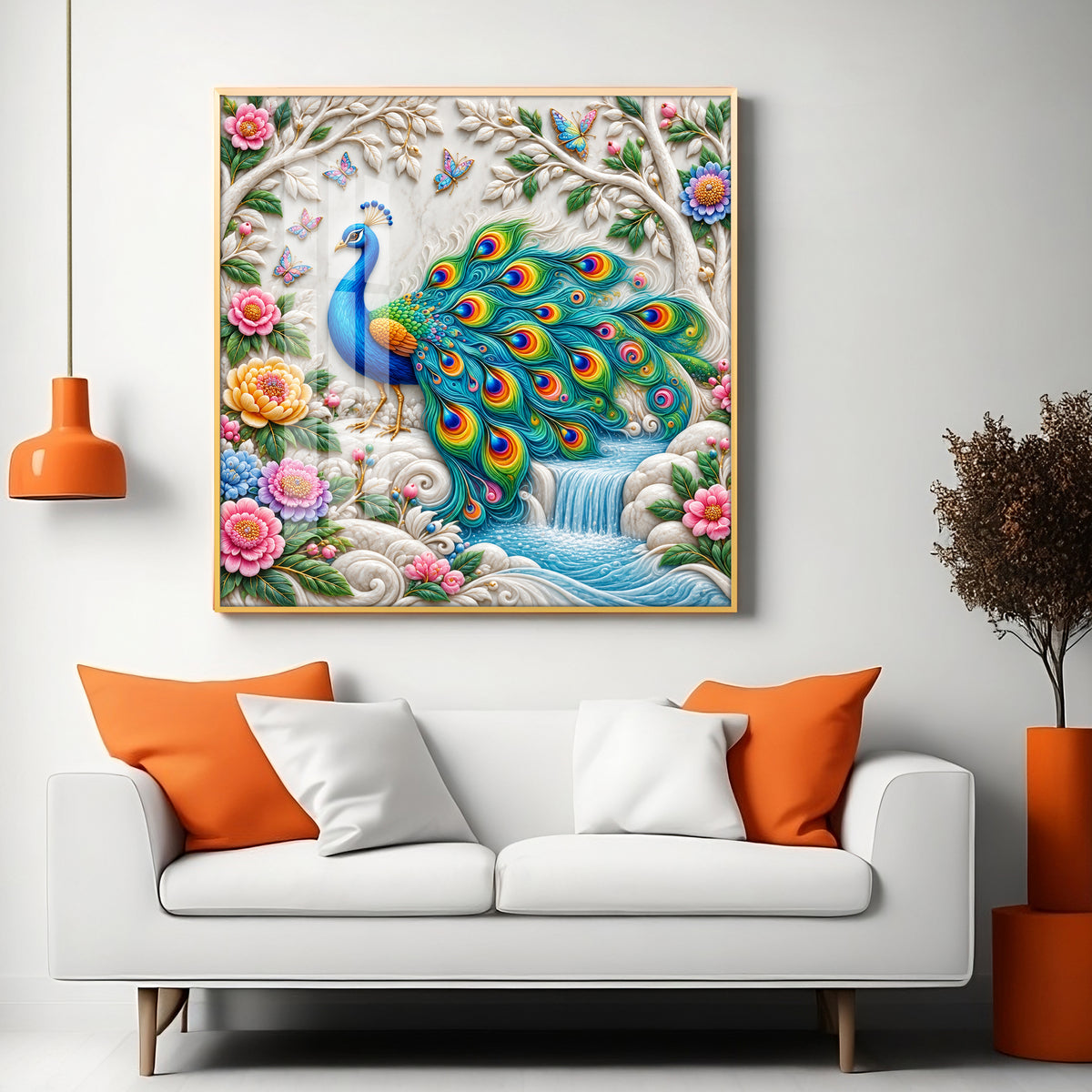 Peacock With Nature Premium Acrylic Square Wall Art