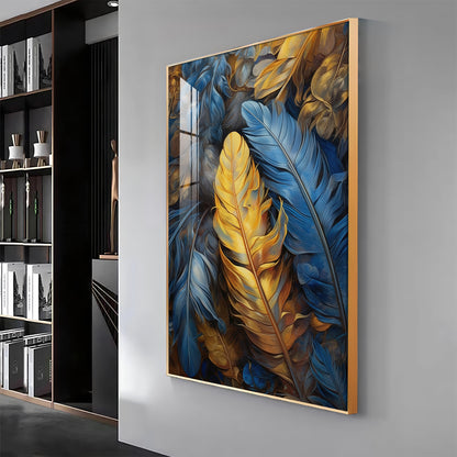 Blue & Yellow Feathers Premium Acrylic Vertical Wall Art