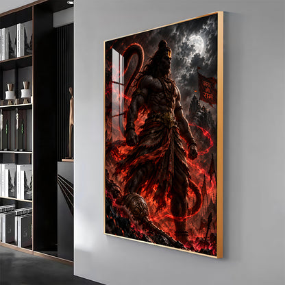 Hanuman in Red Glow Premium Acrylic Vertical Wall Art