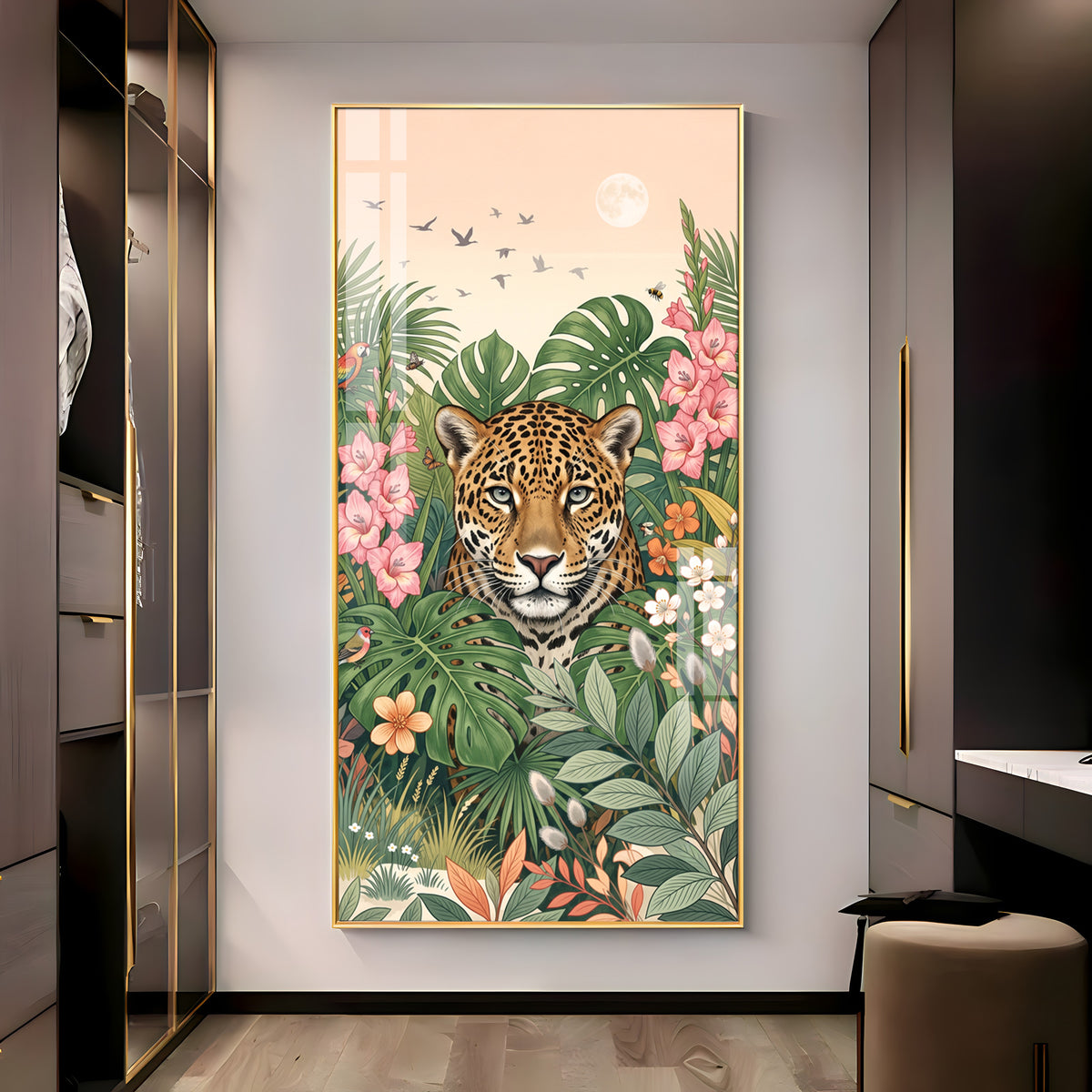 Tropical Jungle Leopard & Floral Leaves Premium Acrylic Vertical Wall Art