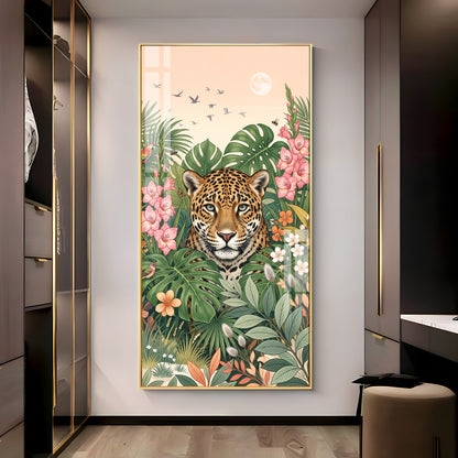 Tropical Jungle Leopard & Floral Leaves Premium Acrylic Vertical Wall Art