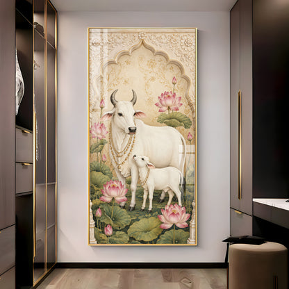 Divine Kamdhenu Cow with Calf Traditional Lotus Premium Acrylic Vertical Wall Art