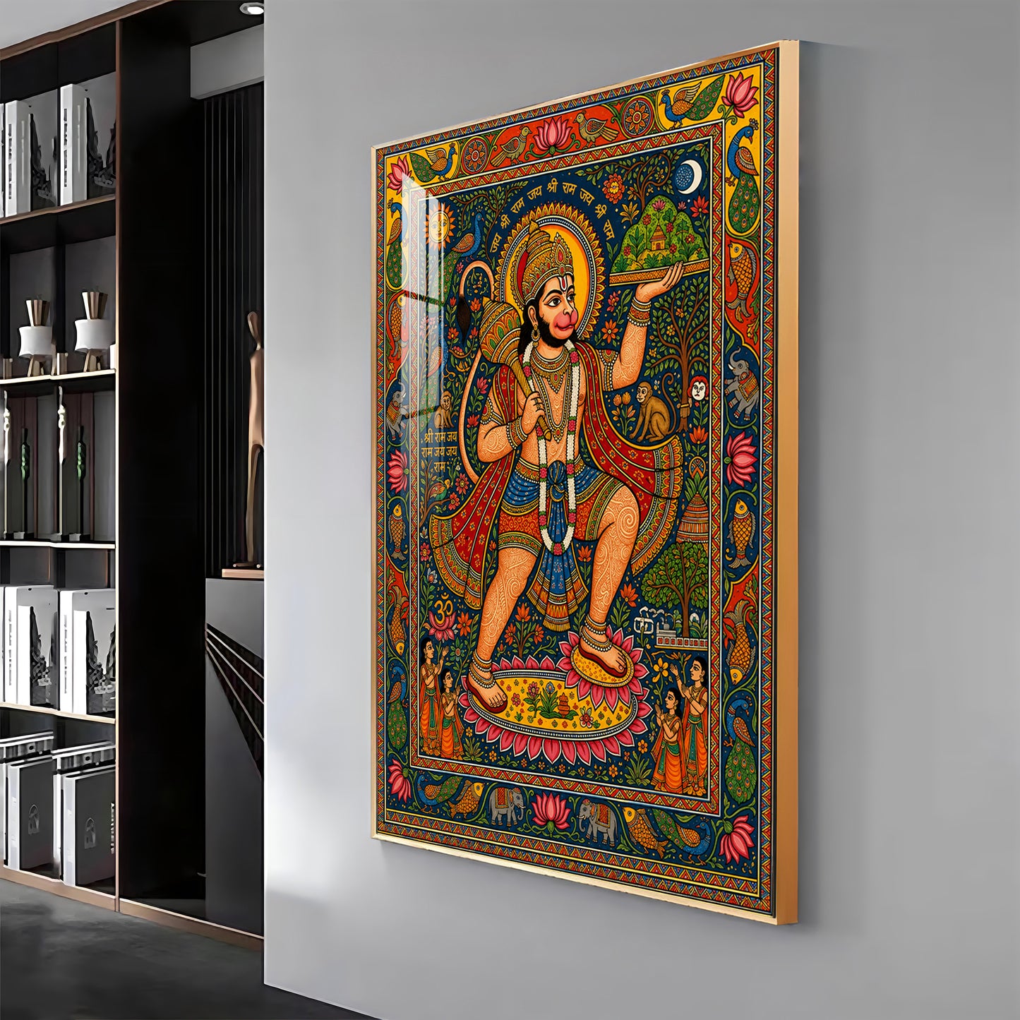 Madhubani Lord Hanuman Premium Acrylic Vertical Wall Art