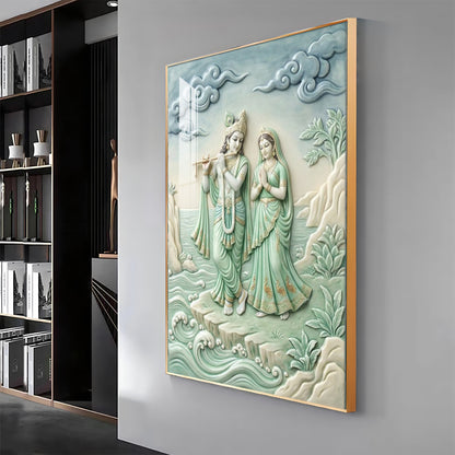 Krishna Playing The Flute Beside Radha Premium Acrylic Vertical Wall Art