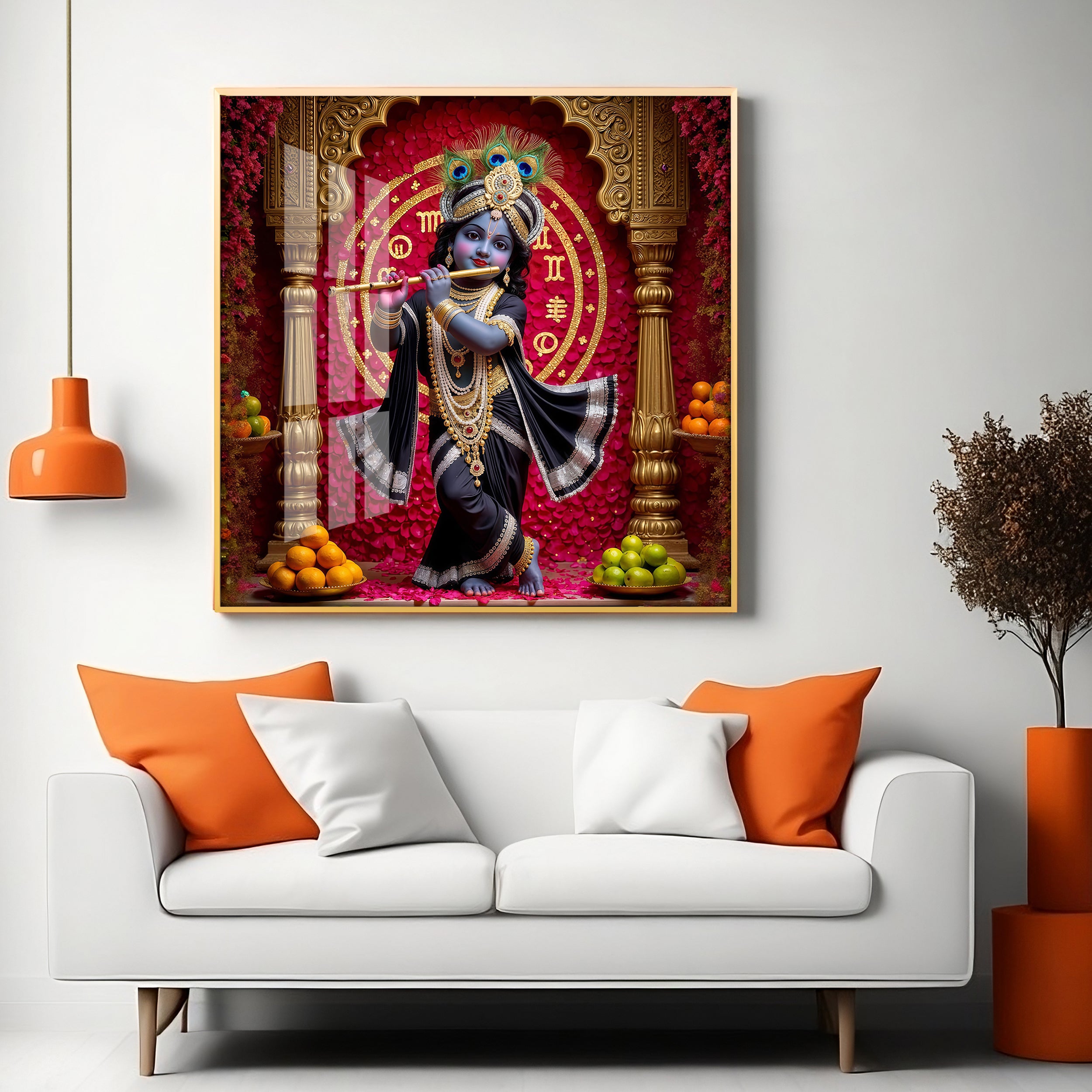 Bal Krishna Playing A Flute Premium Acrylic Square Wall Art