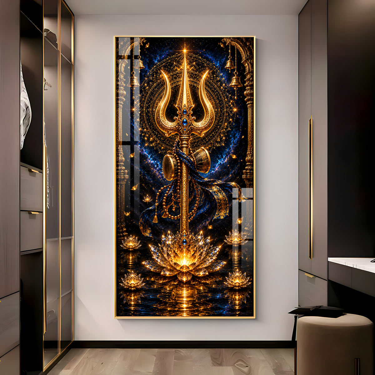 Divine Golden Trishul Premium Acrylic Vertical Wall Art