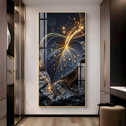 Golden Water Droplet Leaf Premium Acrylic Vertical Wall Art