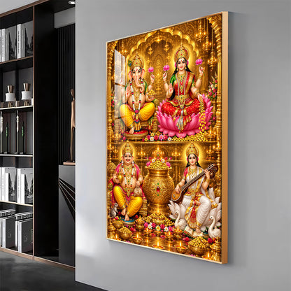 Goddess laxmi, Saraswati, Lord ganesh & Kuber Premium Acrylic Vertical Wall Art