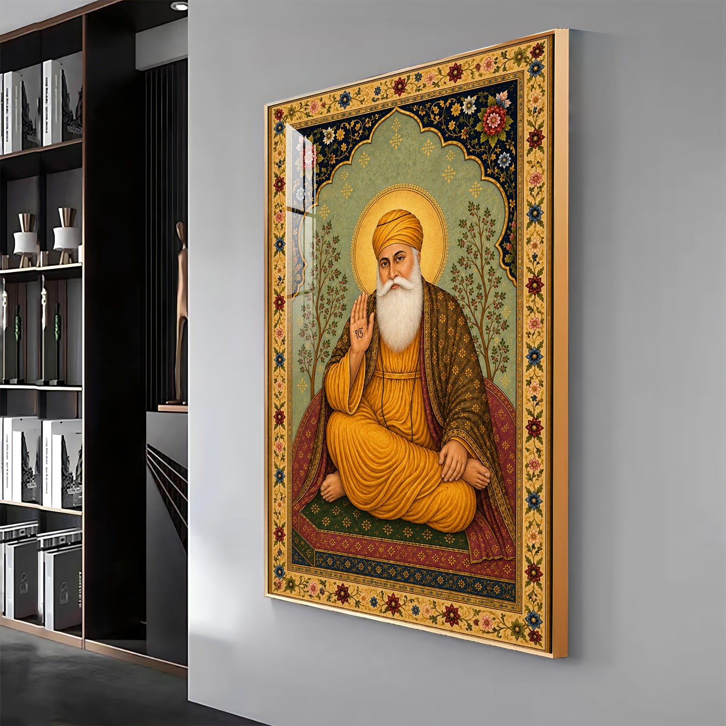 Guru Nanak Dev Ji Floral Border Premium Acrylic Vertical Wall Art