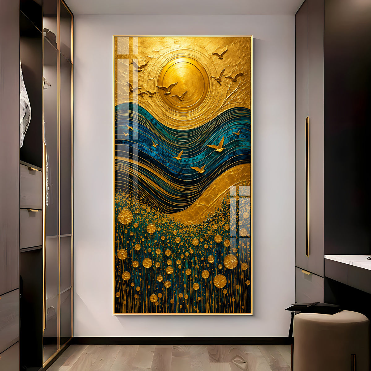Majestic Golden Sun & Flying Birds Landscape Premium Acrylic Vertical Wall Art