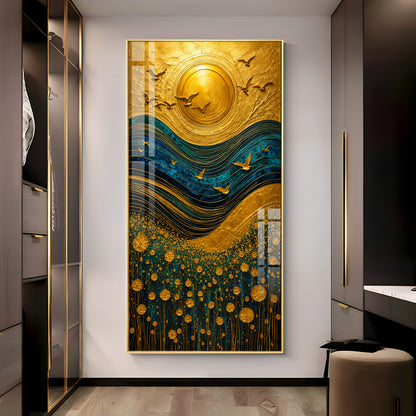 Majestic Golden Sun & Flying Birds Landscape Premium Acrylic Vertical Wall Art