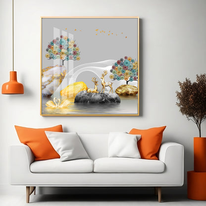 Couple Of Deer & Swan Premium Acrylic Square Wall Art