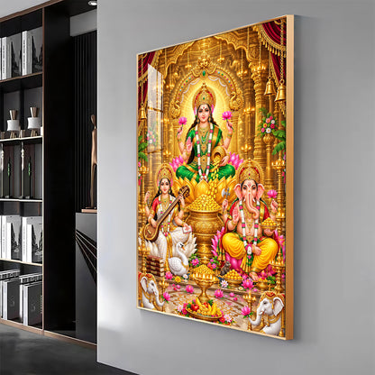 Divine Maa Laxmi, Maa Saraswati & Ganesh Ji Premium Acrylic Vertical Wall Art