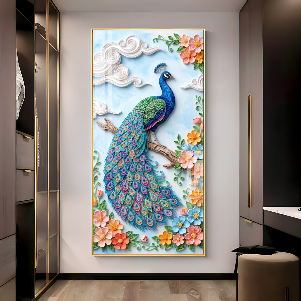 Elegant Pastel Floral Quilling Style Peacock Premium Acrylic Vertical Wall Art