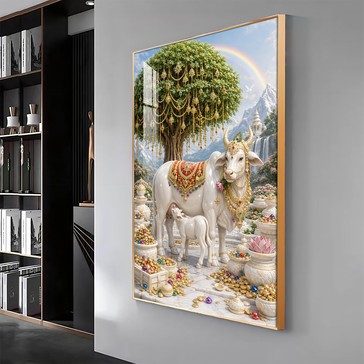 Divine Wish Fulfilling Tree & Kamadhenu Premium Acrylic Vertical Wall Art