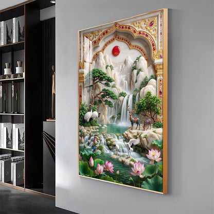 Sunrise Mountains Waterfall Premium Acrylic Vertical Wall Art