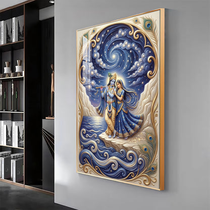 Radha Krishna Moonlit Dance Premium Acrylic Vertical Wall Art