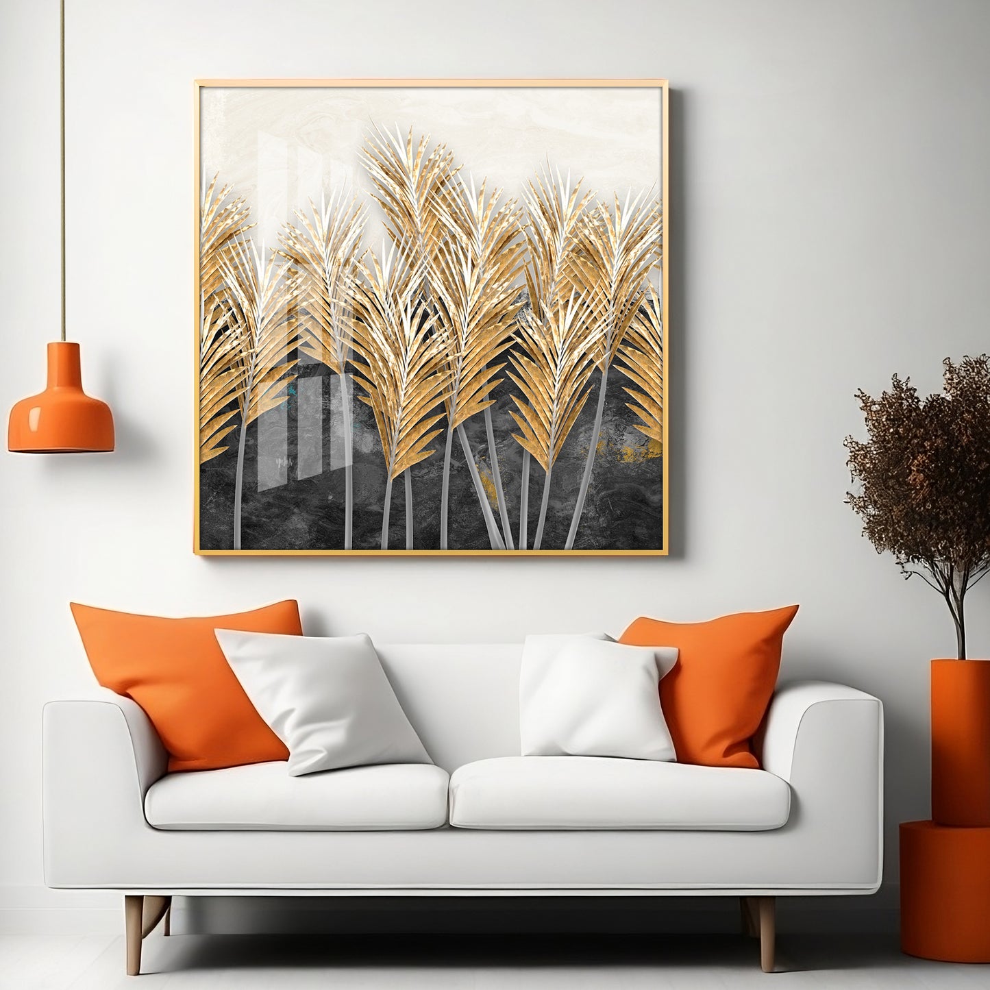 Golden Leafs Plant Premium Acrylic Square Wall Art