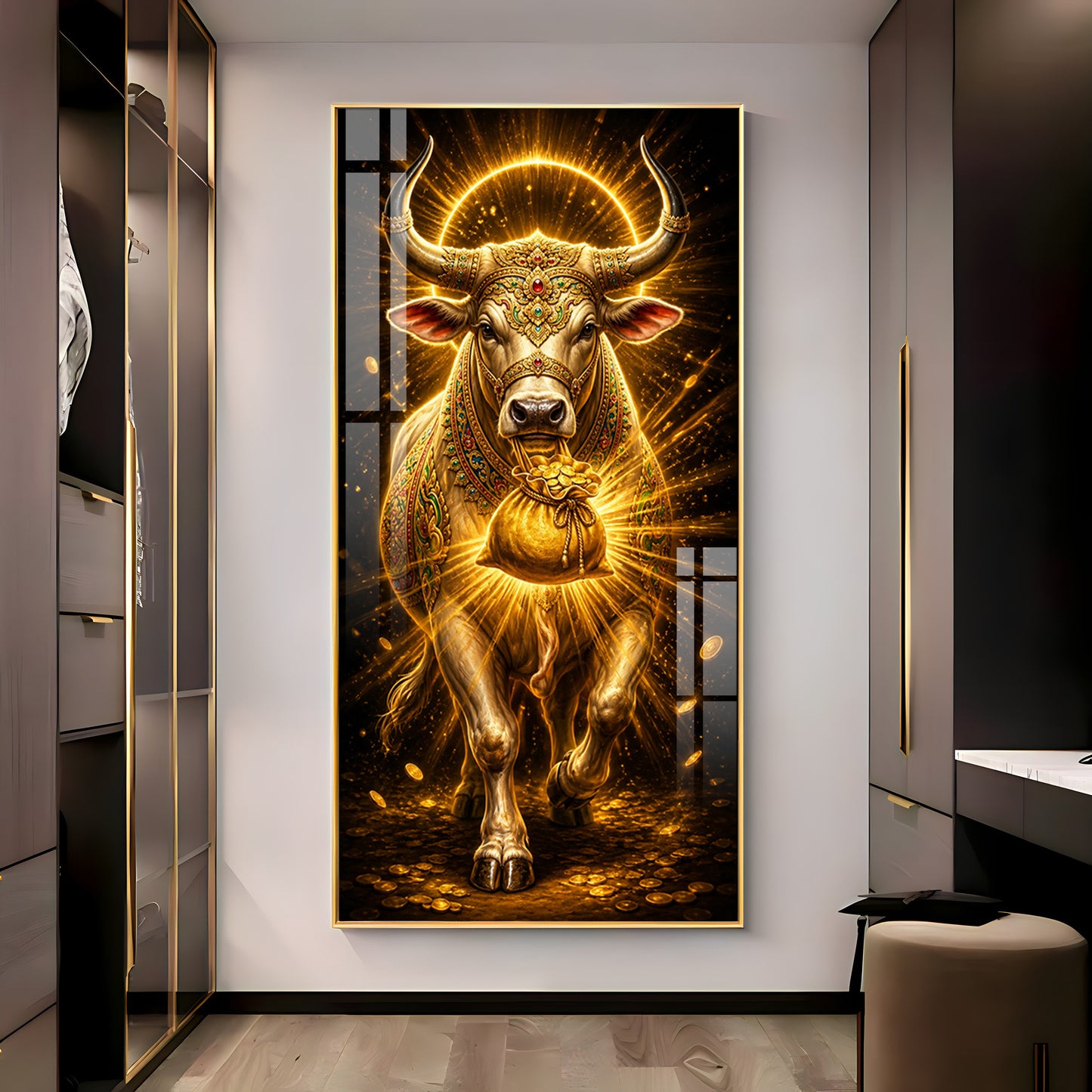 Golden Bull With Bag Of Wealth Premium Acrylic Vertical Wall Art