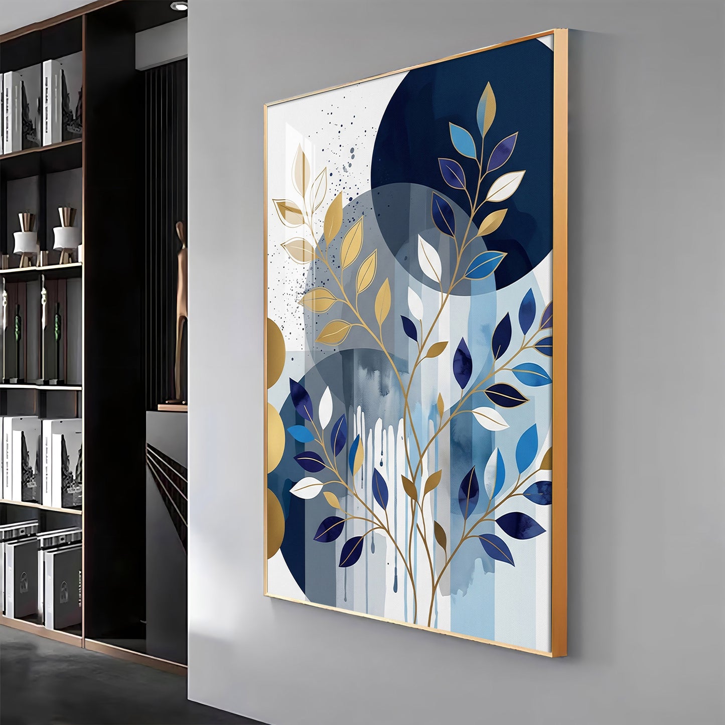 Colourfull Leaves Against Blue & Gold Circles Premium Acrylic Vertical Wall Art