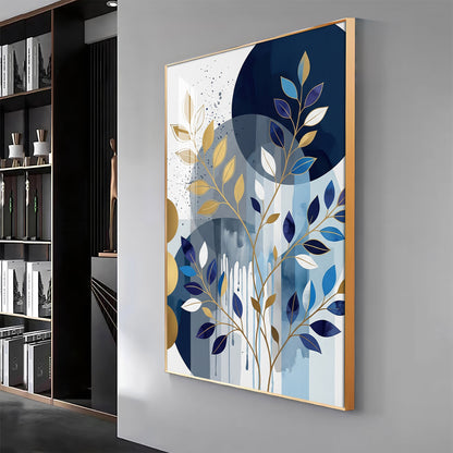 Colourfull Leaves Against Blue & Gold Circles Premium Acrylic Vertical Wall Art