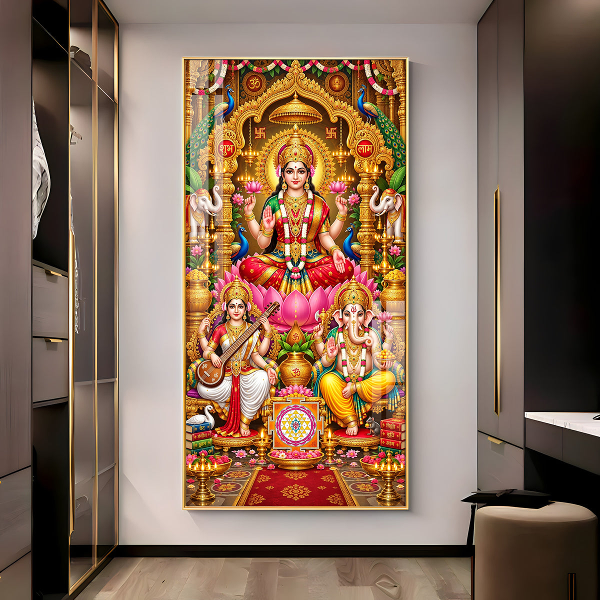 Maa Laxmi, Ganesh Ji & Saraswati Premium Acrylic Vertical Wall Art